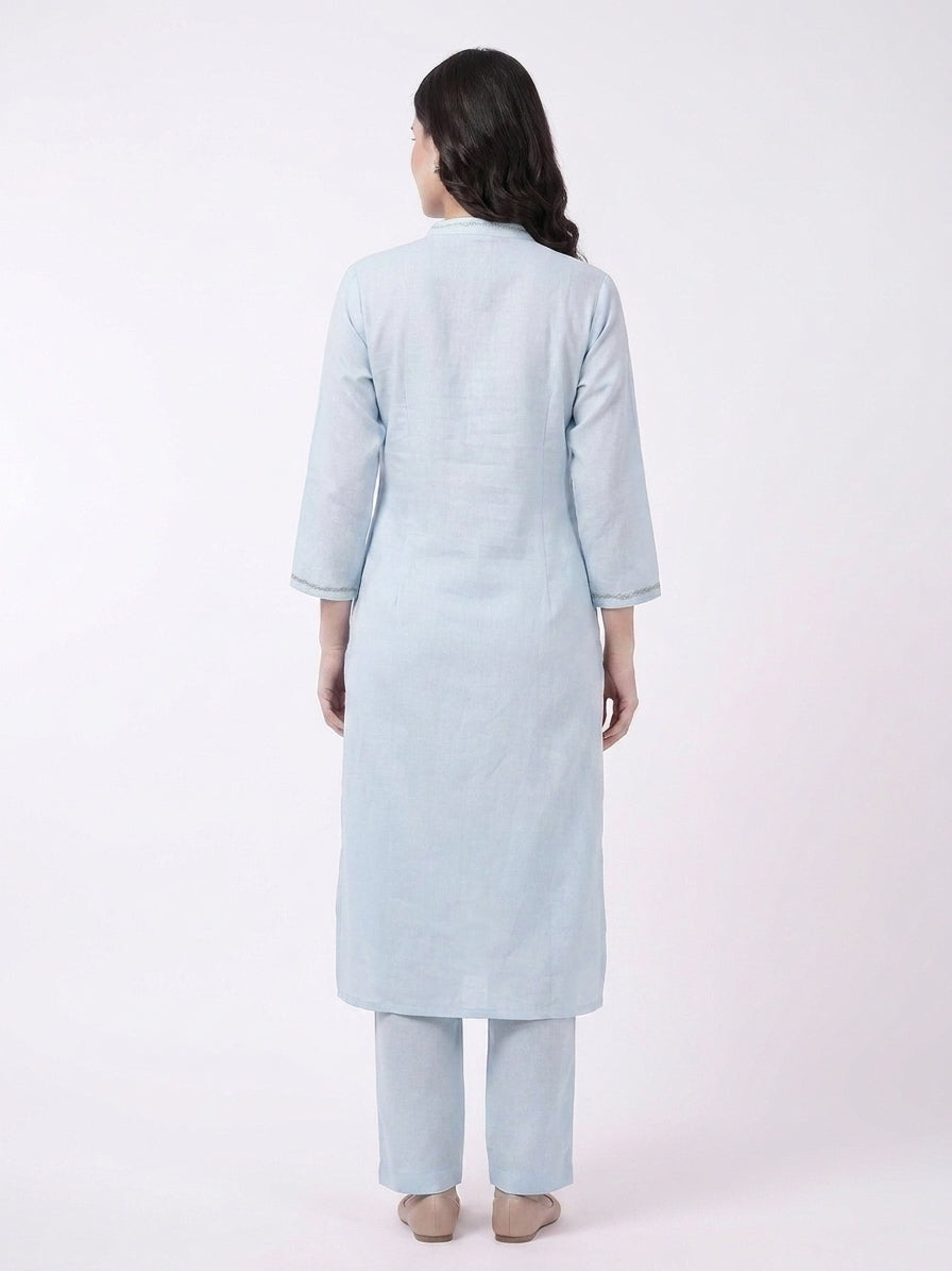 Sky Blue Mandarin Collar Button Front Kurta Co-ord Set