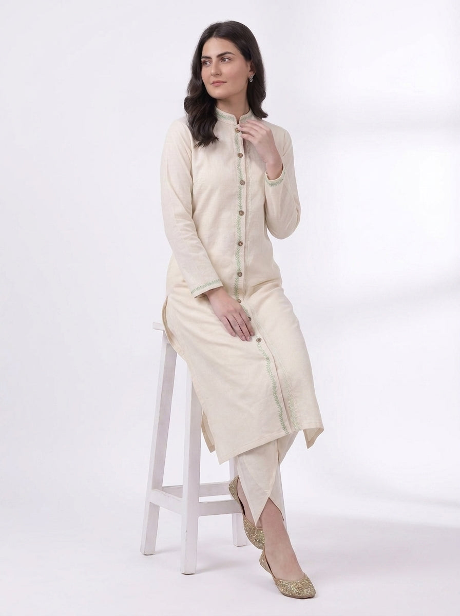 Cream Green Embroidered Placket Kurta Co-ord Set
