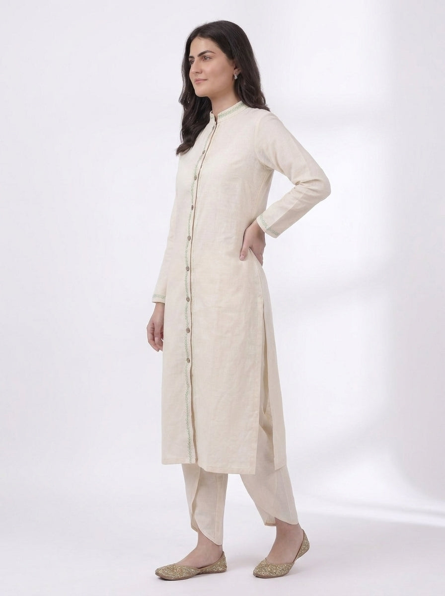 Cream Green Embroidered Placket Kurta Co-ord Set
