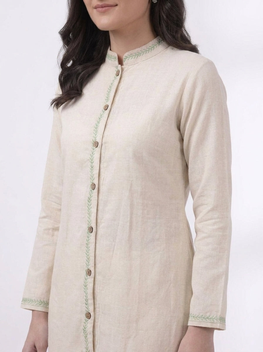 Cream Green Embroidered Placket Kurta Co-ord Set