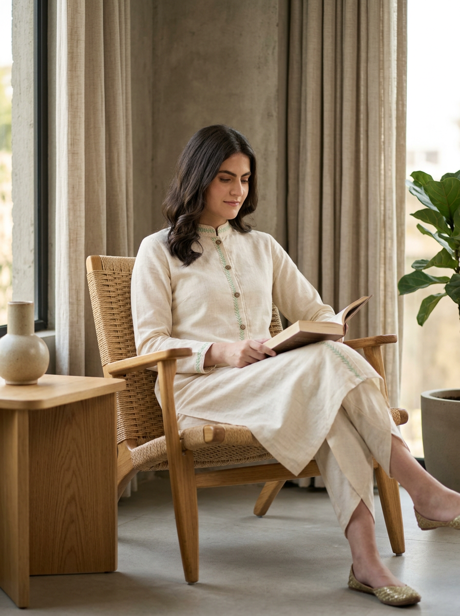 Cream Green Embroidered Placket Kurta Co-ord Set