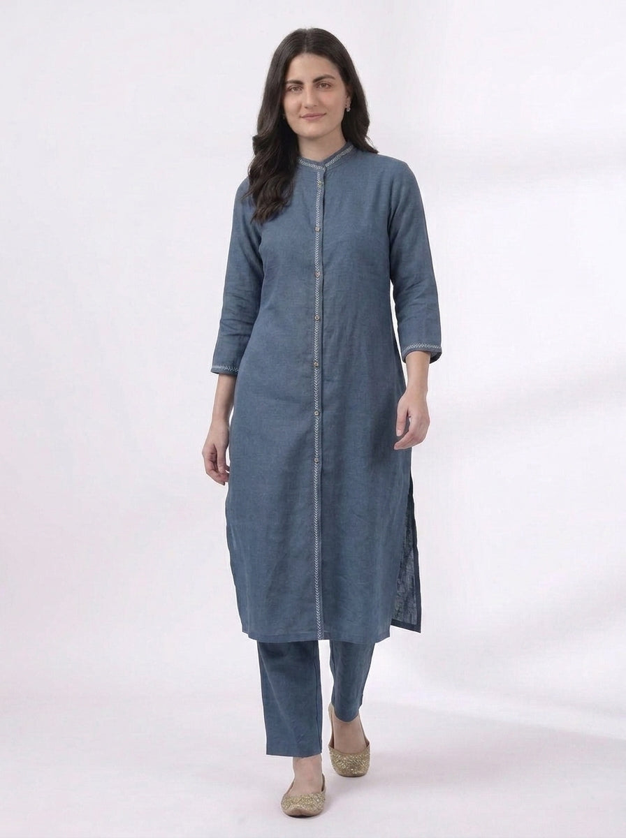 Slate Blue Embroidered Trim Kurta Co-ord Set