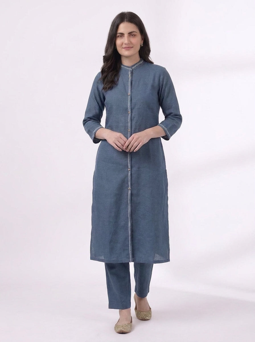 Slate Blue Embroidered Trim Kurta Co-ord Set