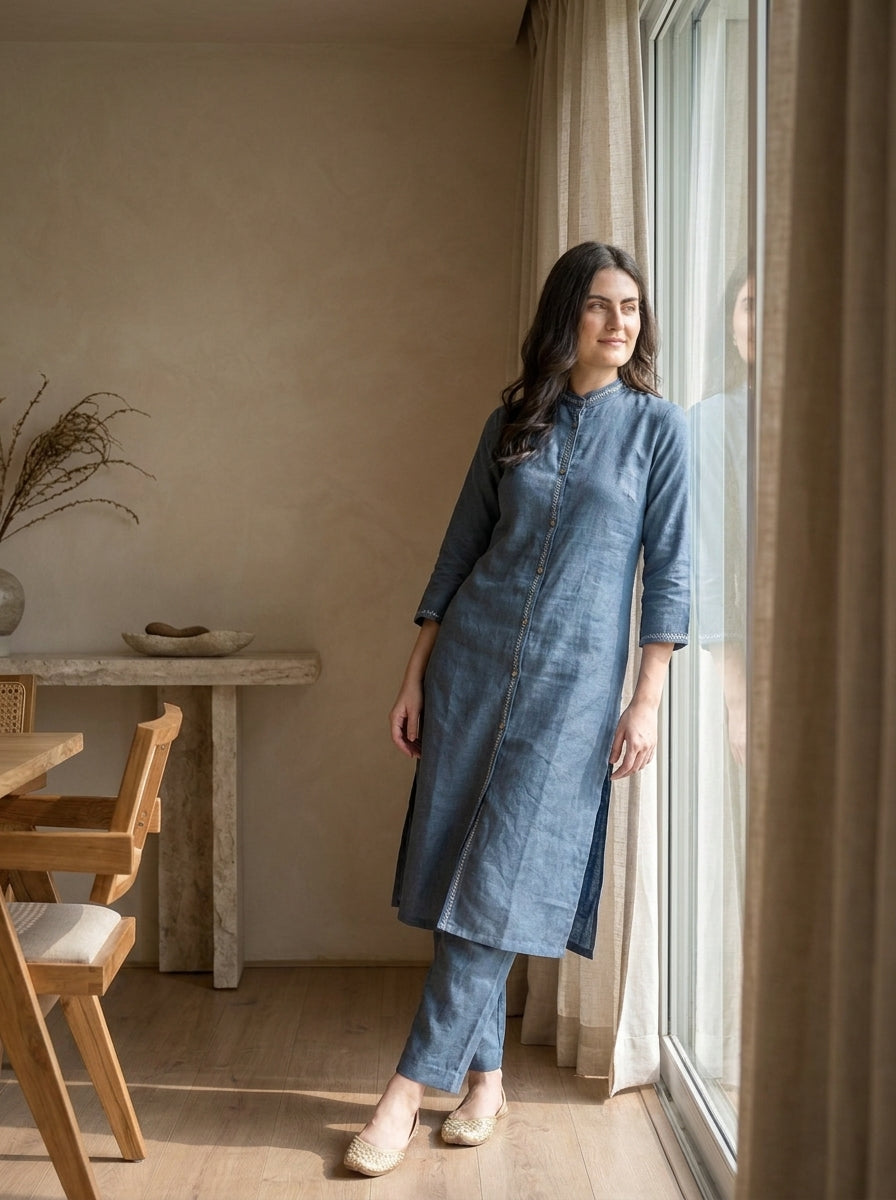 Slate Blue Embroidered Trim Kurta Co-ord Set