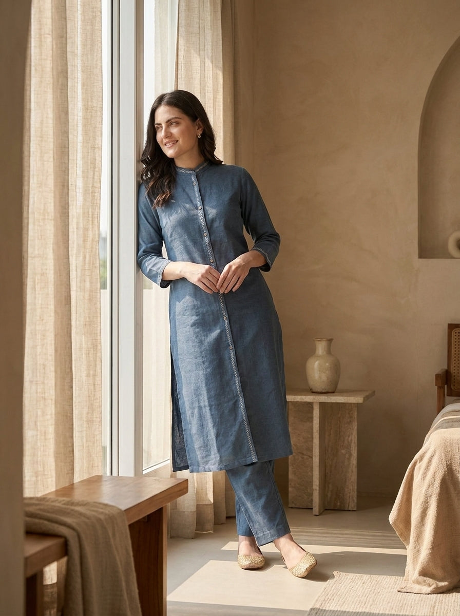 Slate Blue Embroidered Trim Kurta Co-ord Set