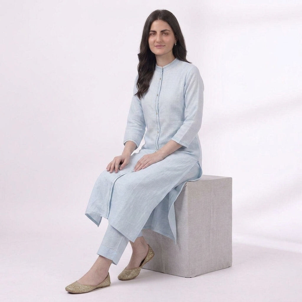 Sky Blue Mandarin Collar Button Front Kurta Co-ord Set