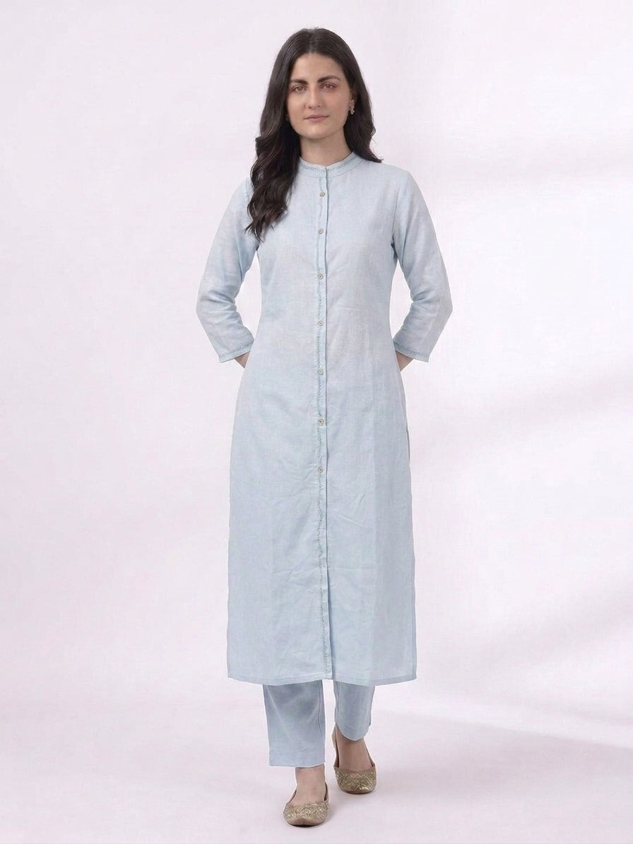Sky Blue Mandarin Collar Button Front Kurta Co-ord Set