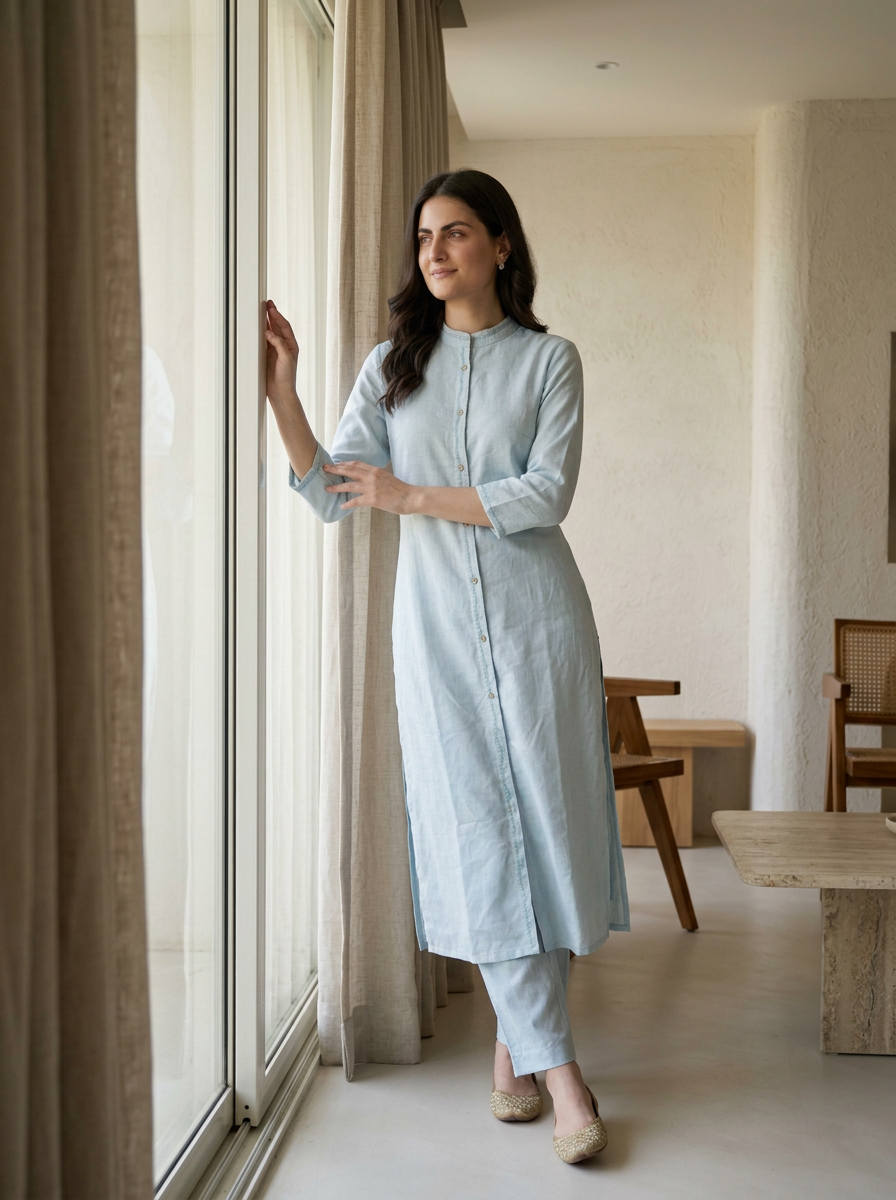Sky Blue Mandarin Collar Button Front Kurta Co-ord Set