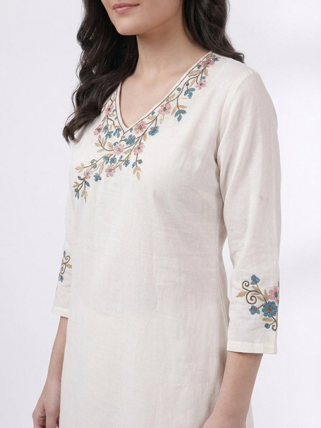 Ivory Floral Embroidered Kurta Co-ord Set