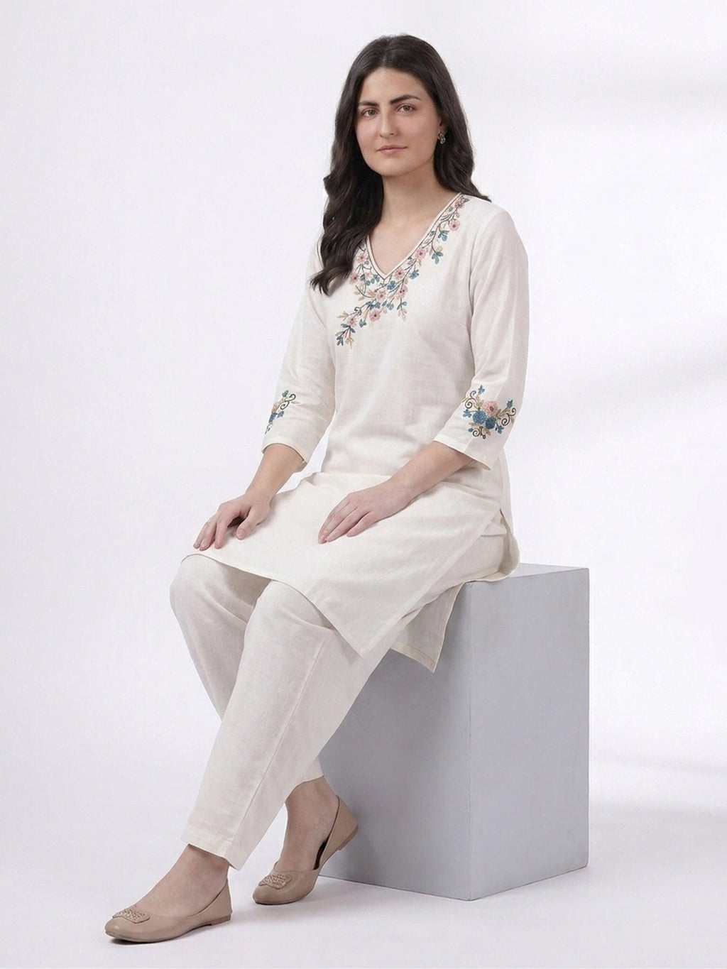 Ivory Floral Embroidered Kurta Co-ord Set