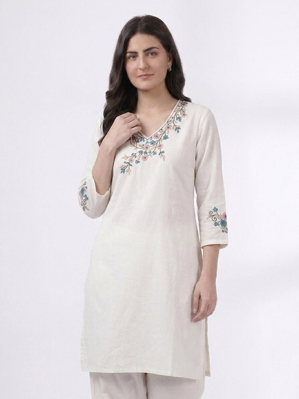 Ivory Floral Embroidered Kurta Co-ord Set