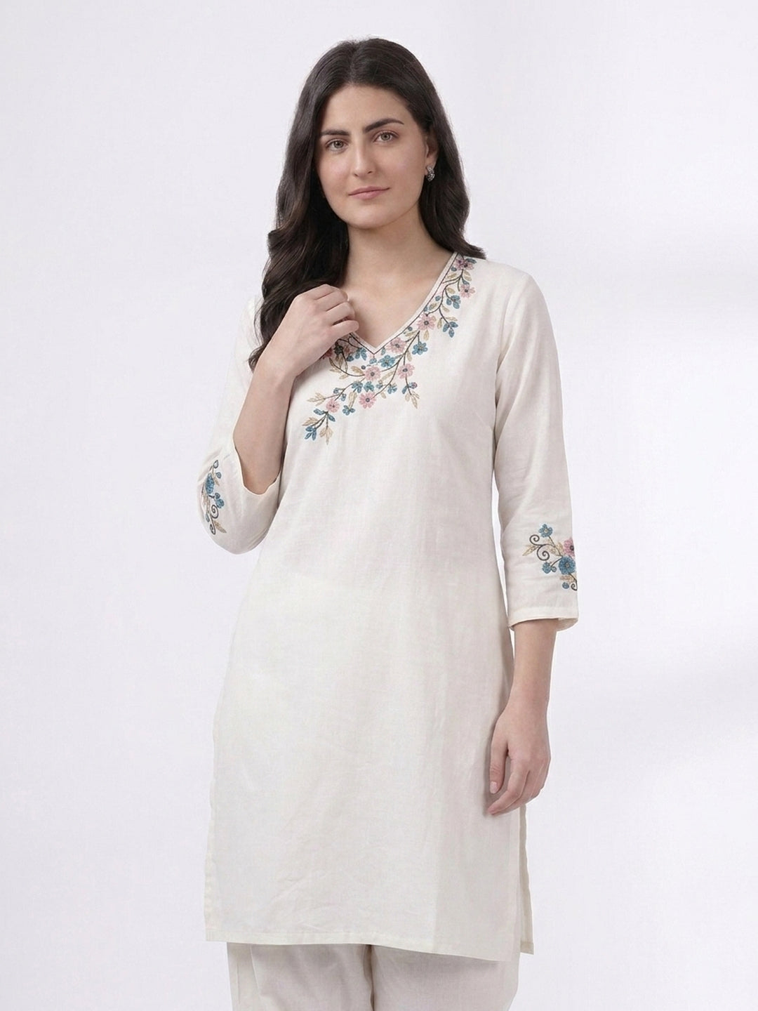 Ivory Floral Embroidered Kurta Co-ord Set