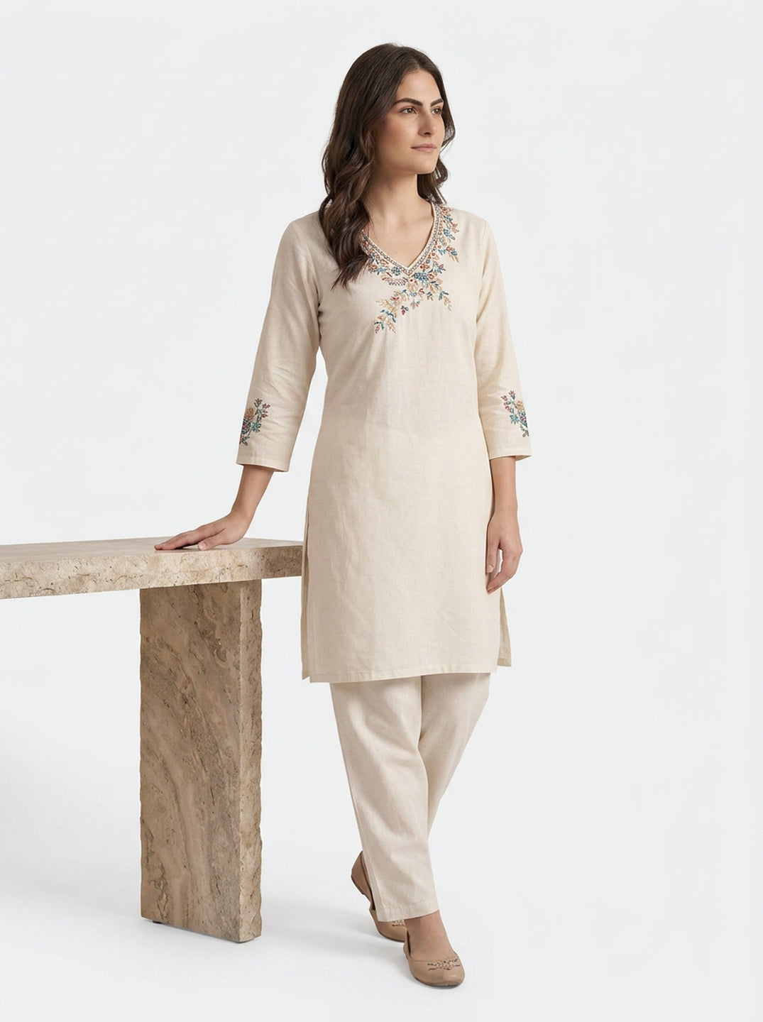 Ivory Floral Embroidered Kurta Co-ord Set