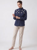 Navy Floral Embroidered Frill Collar Shirt