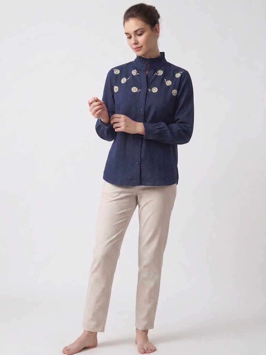 Navy Floral Embroidered Frill Collar Shirt
