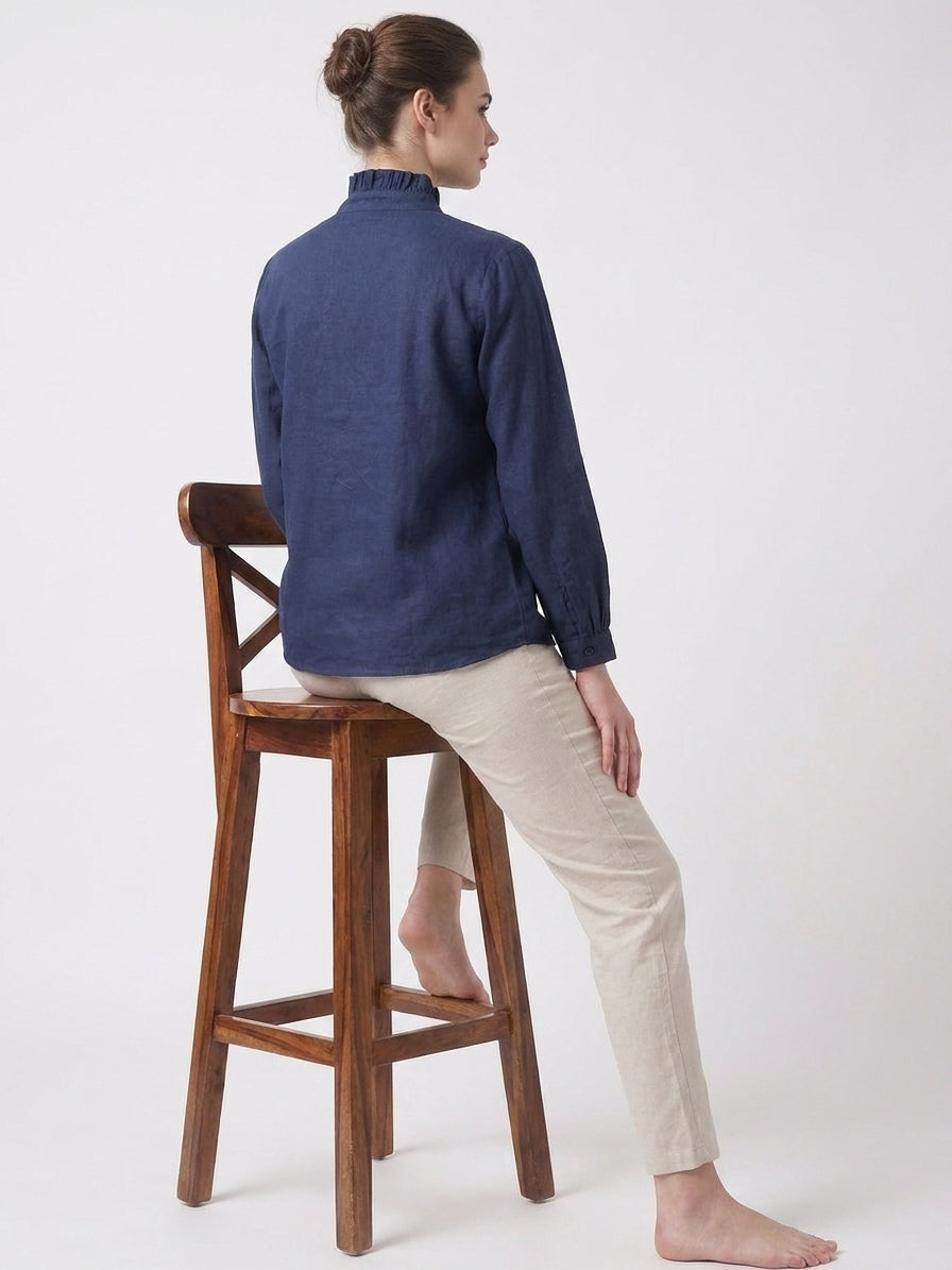 Navy Floral Embroidered Frill Collar Shirt
