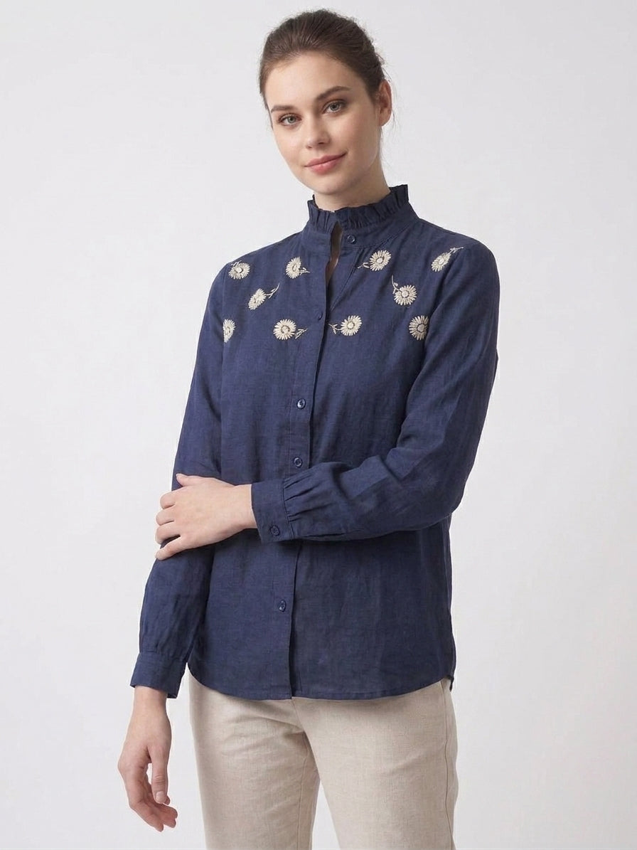 Navy Floral Embroidered Frill Collar Shirt
