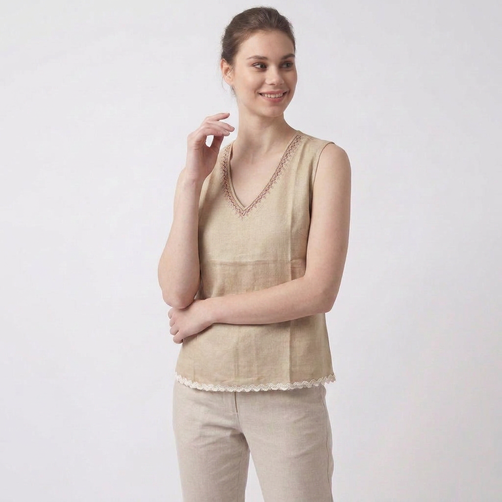 Natural Embroidered V-Neck Sleeveless Top