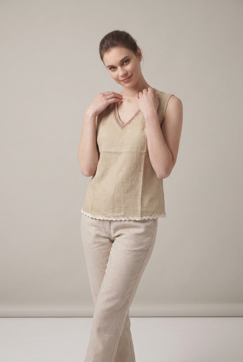 Natural Embroidered V-Neck Sleeveless Top