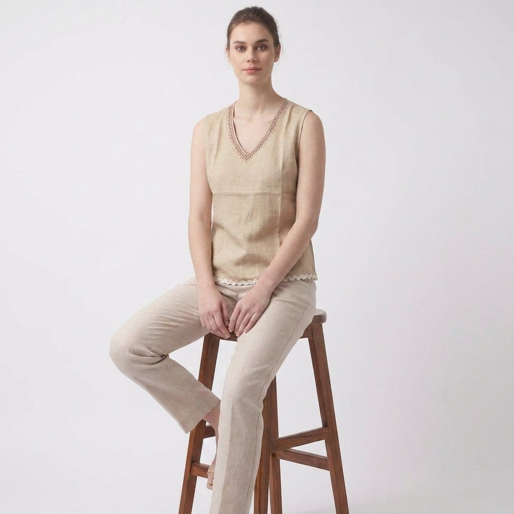 Natural Embroidered V-Neck Sleeveless Top