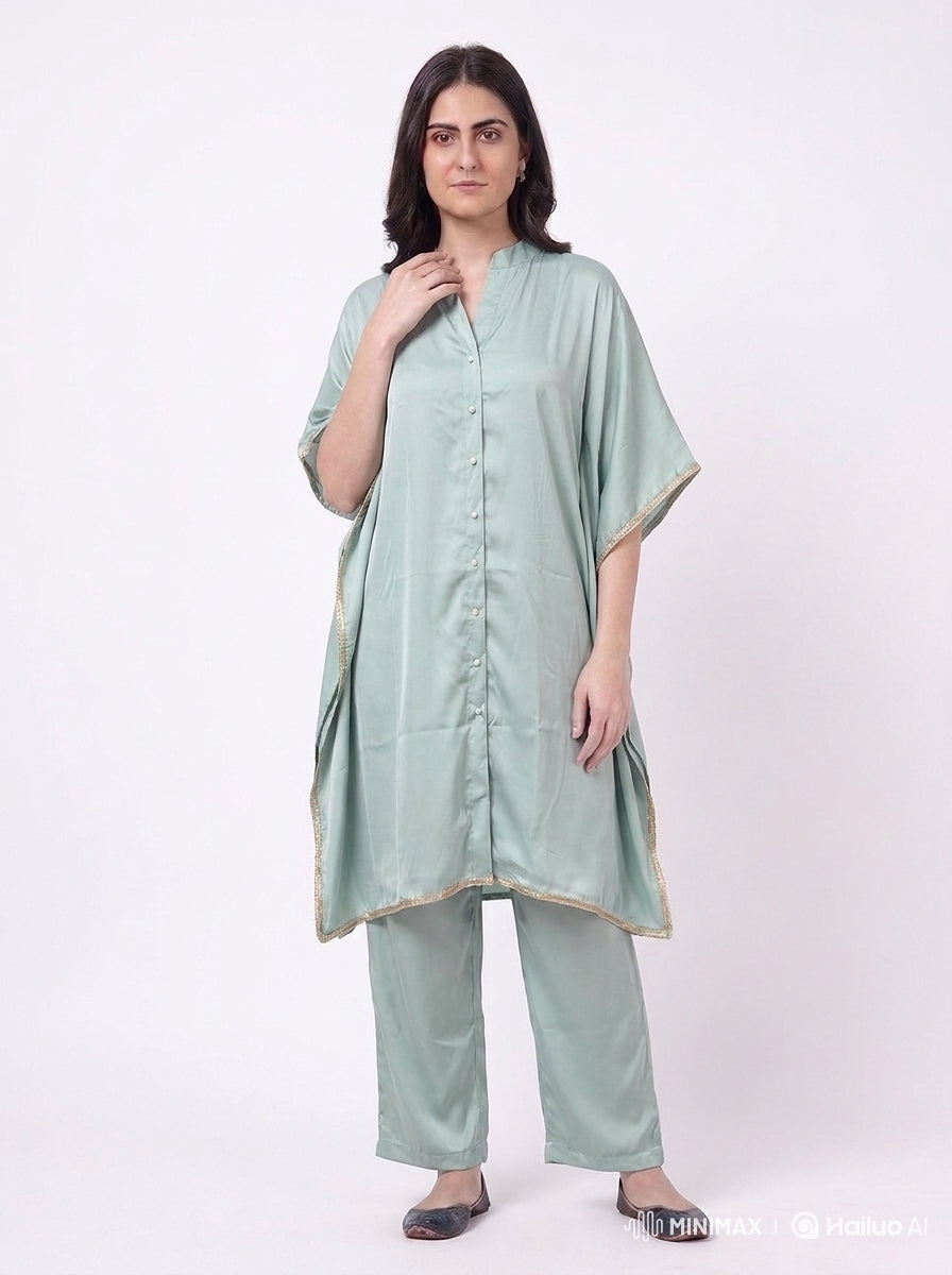 Sage Green Satin Kaftan Coord Set