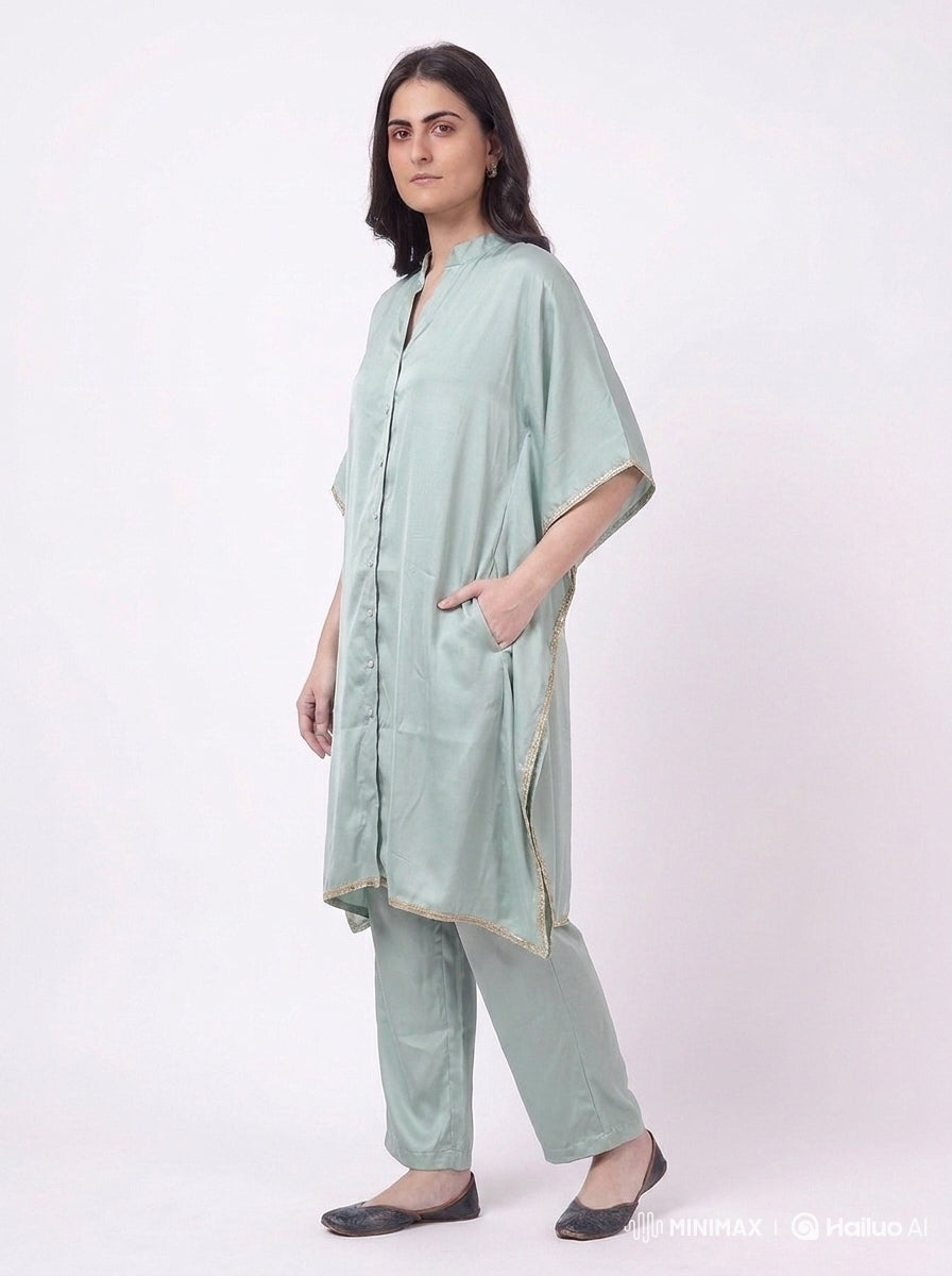 Sage Green Satin Kaftan Coord Set