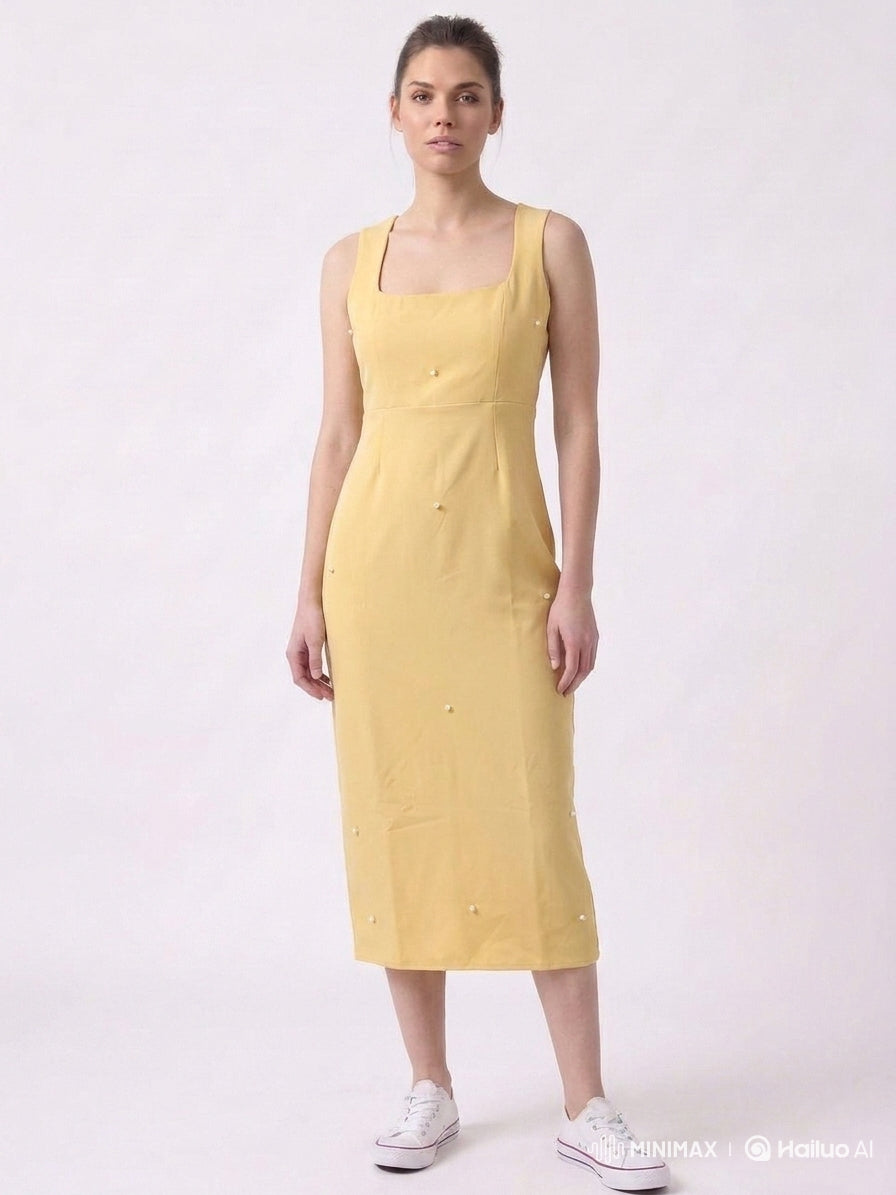 Butter Yellow Pearl Midi Dress