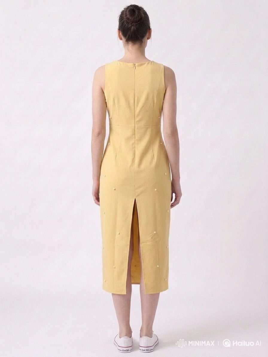 Butter Yellow Pearl Midi Dress