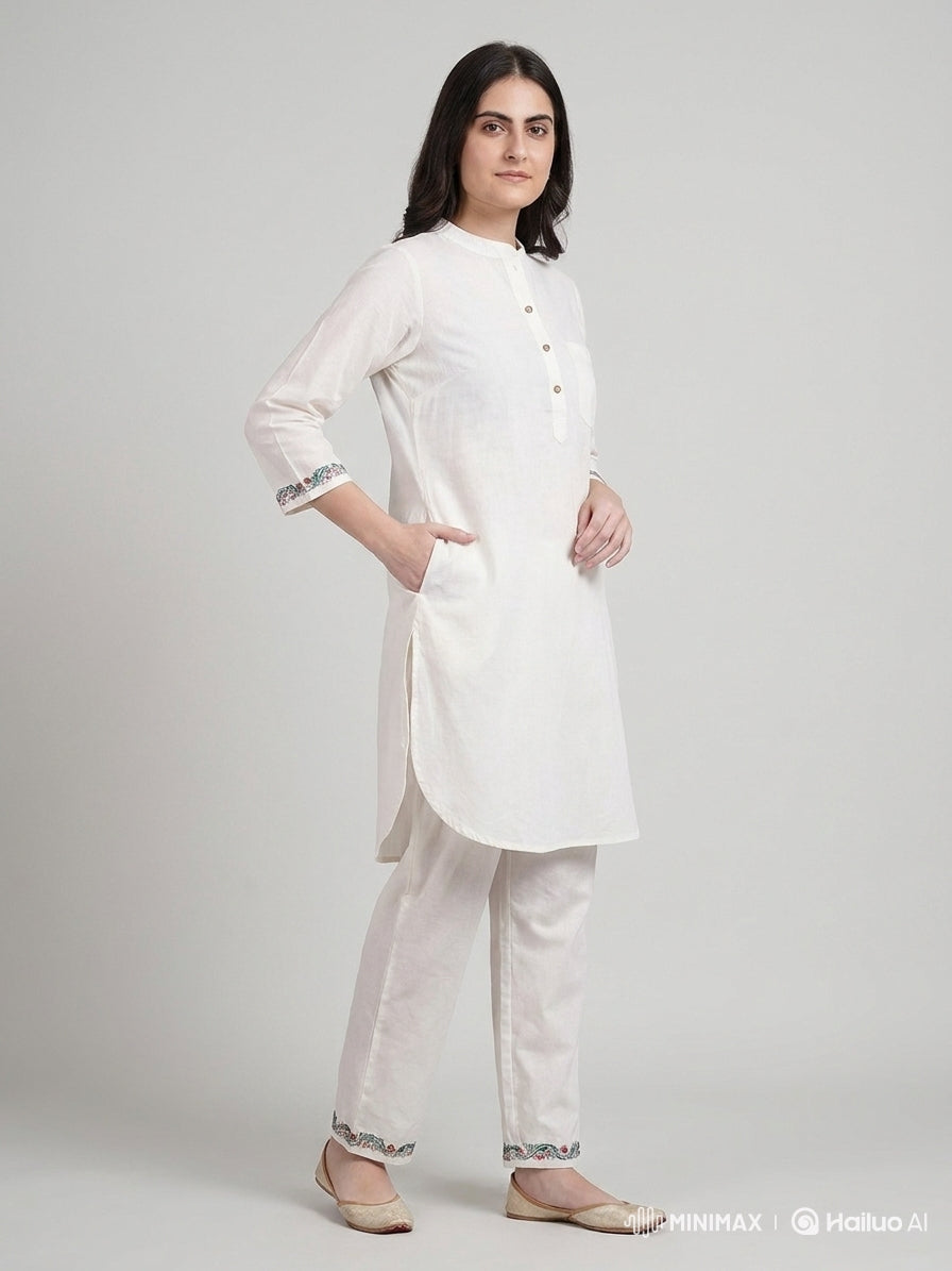 White Embroidered Cuff Kurta Set
