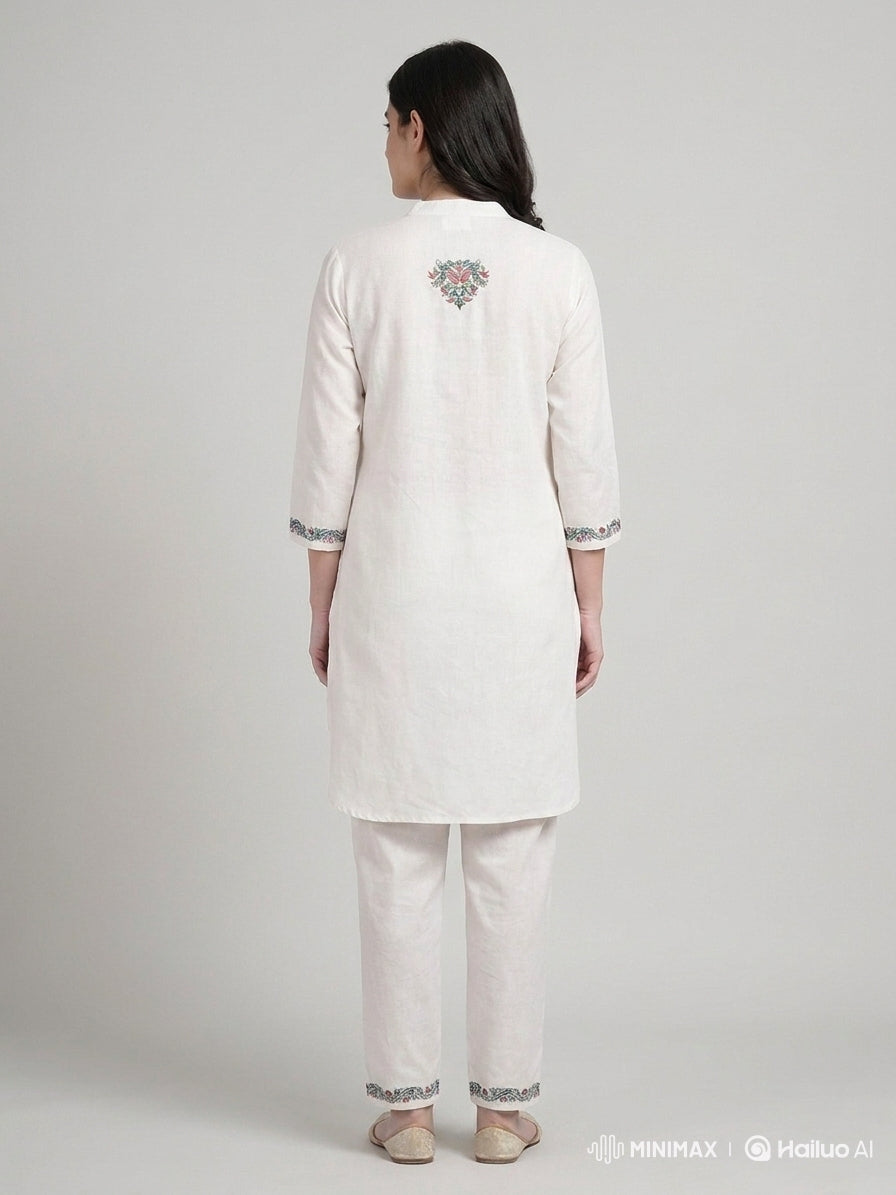 White Embroidered Cuff Kurta Set