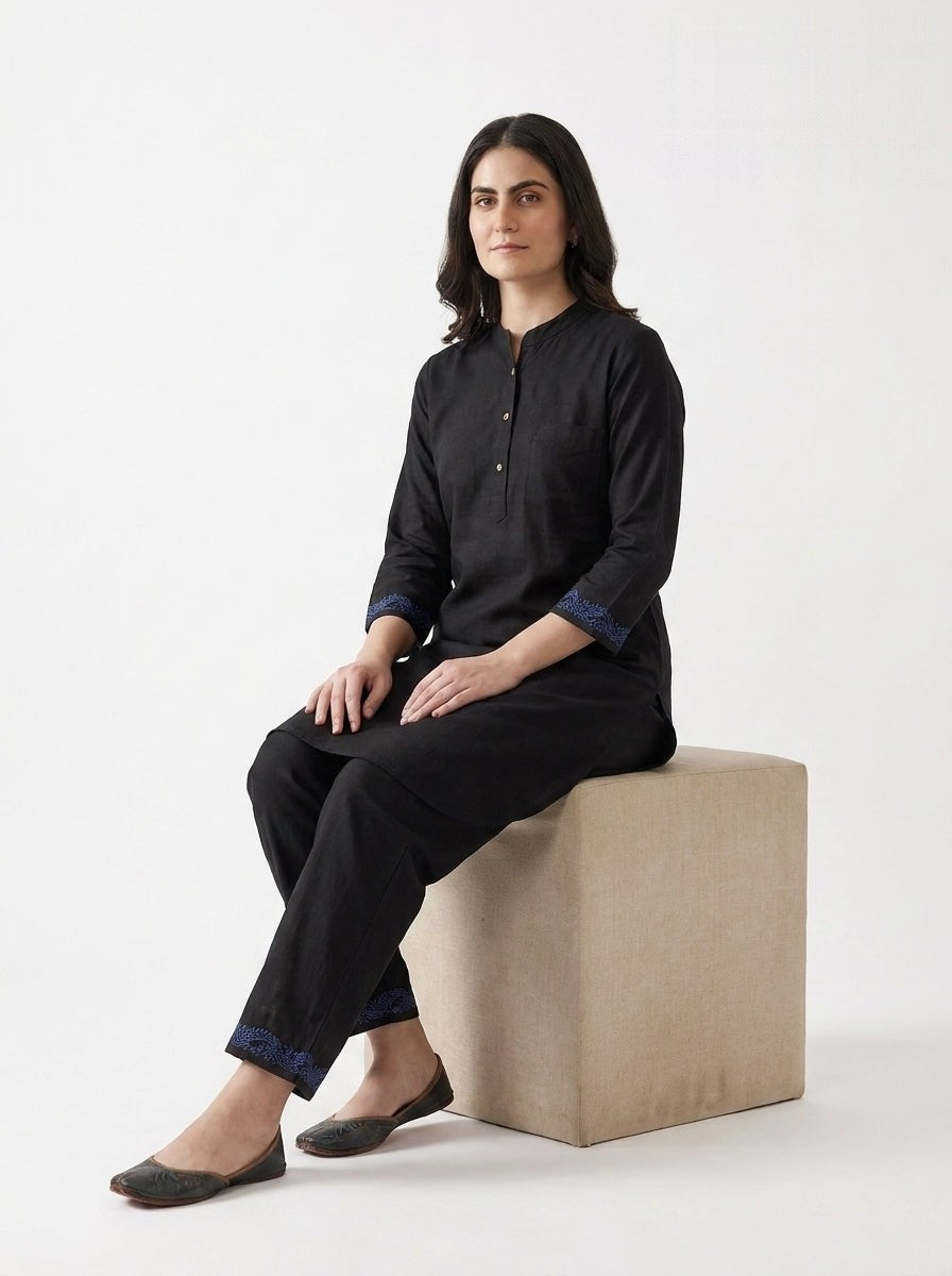 Black Blue Embroidered Cuff Kurta Co-ord Set