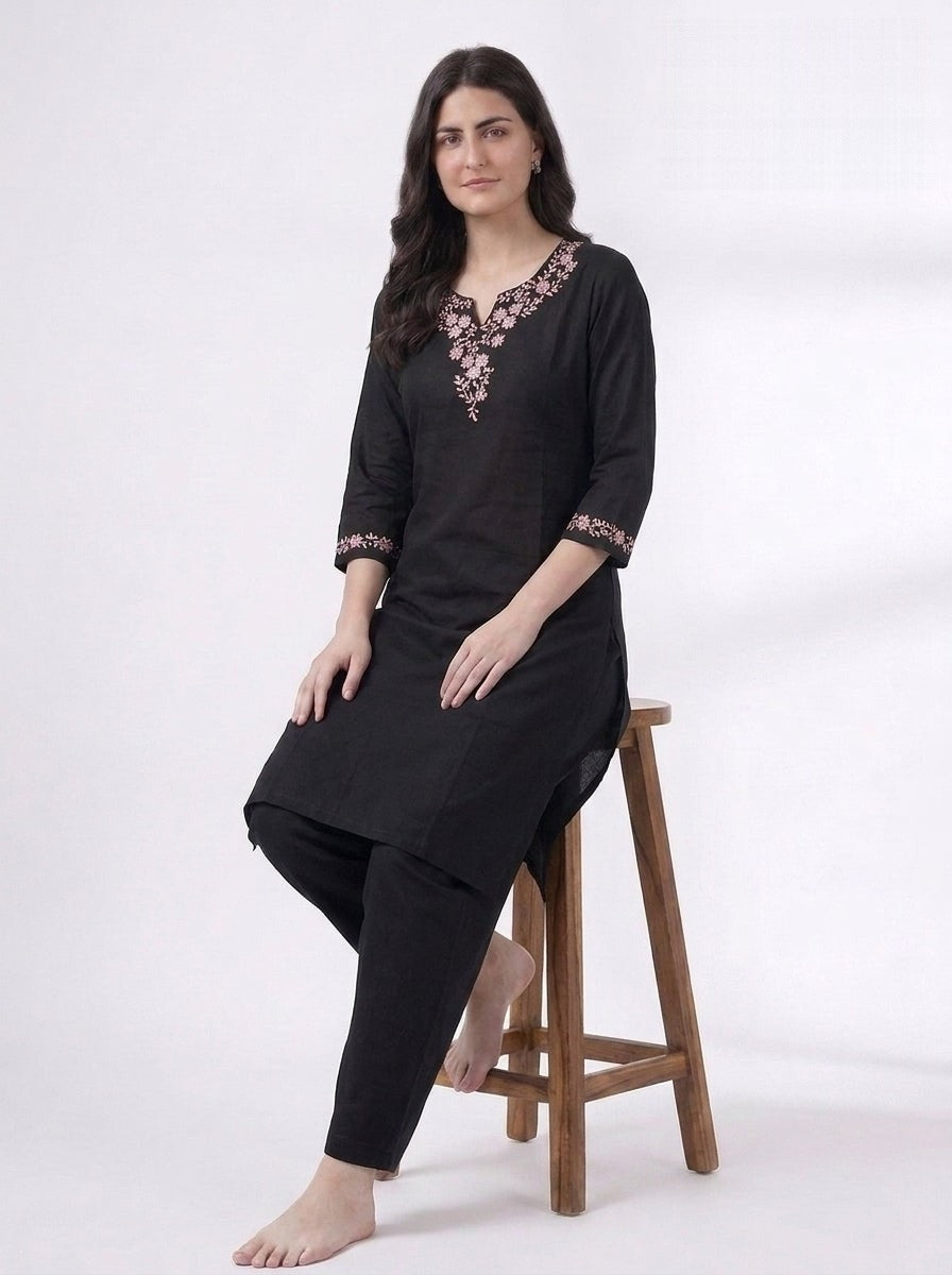 Black Floral Embroidered V-Neck Kurta Co-ord Set