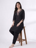 Black Floral Embroidered V-Neck Kurta Co-ord Set