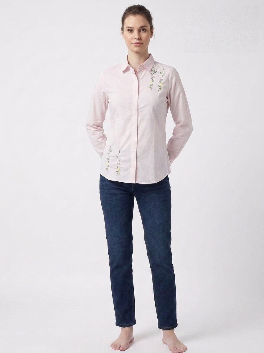 Blush Pink Floral Embroidered Placket Shirt