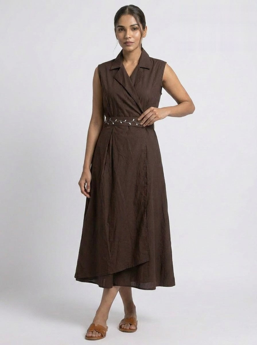 Brown Overlap Waist Midi Dress with Belt Detail