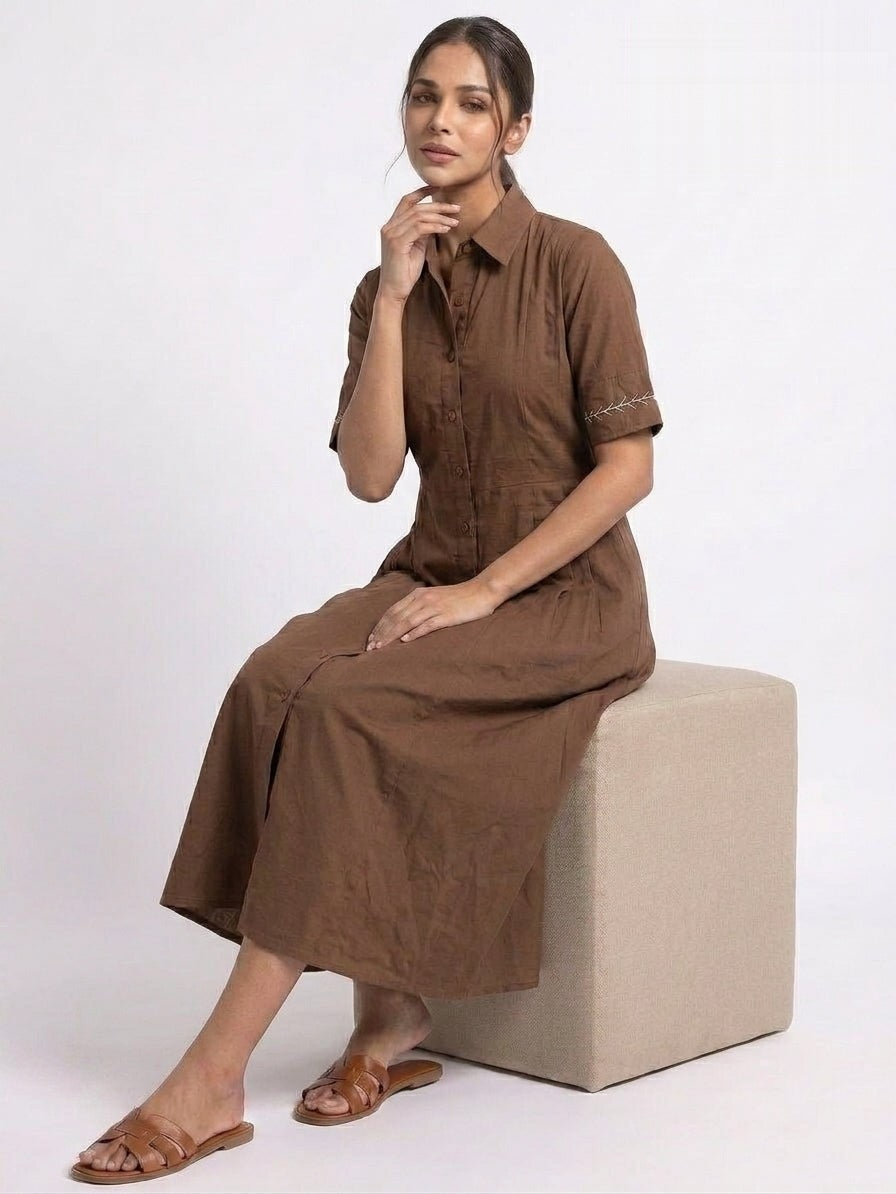 Coffee Brown Button Down Midi Dress
