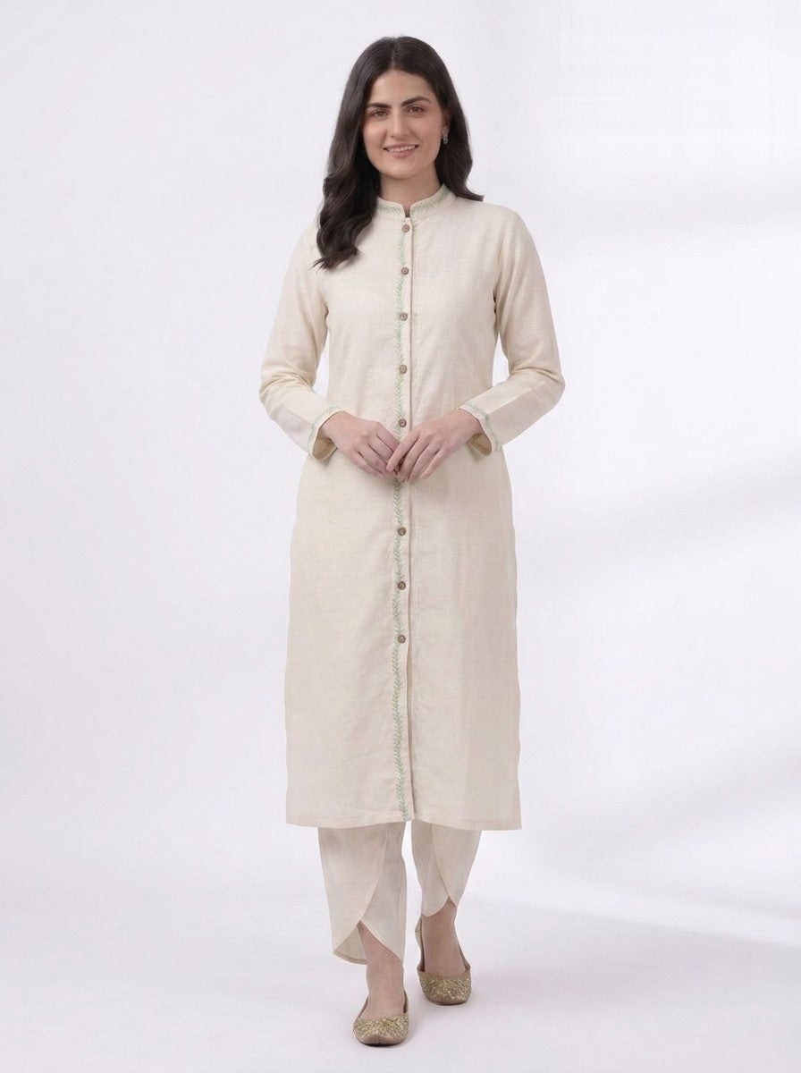 Cream Green Embroidered Placket Kurta Co-ord Set
