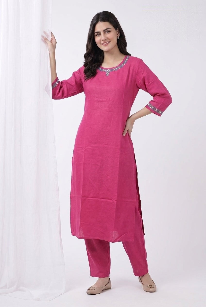 Fuchsia Embroidered Round Neck Kurta Co-ord Set