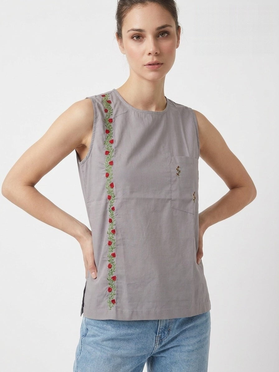 Grey Vertical Floral Embroidered Sleeveless Top