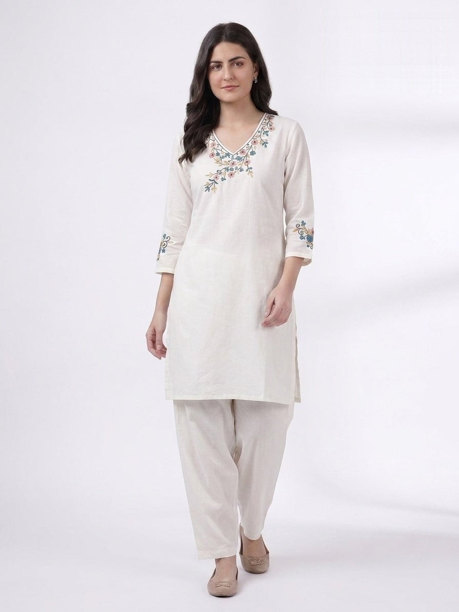 Ivory Floral Embroidered Kurta Co-ord Set
