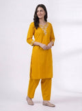 Mustard Floral Embroidered V-Neck Kurta Co-ord Set