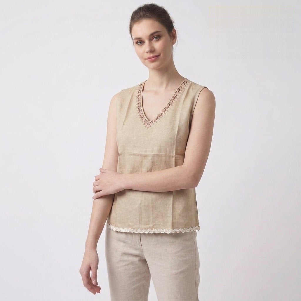 Natural Embroidered V-Neck Sleeveless Top