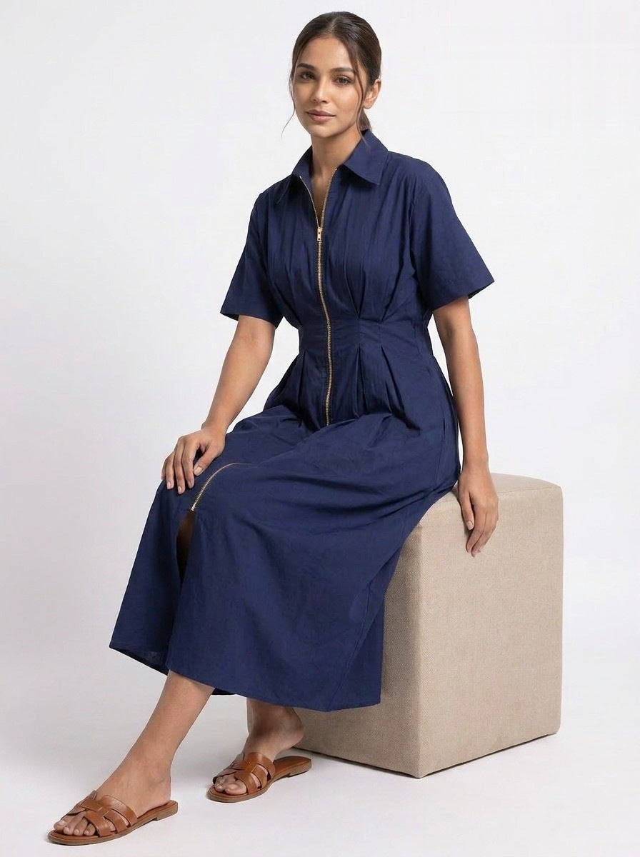 Navy Blue Midi Dress with Front Zip