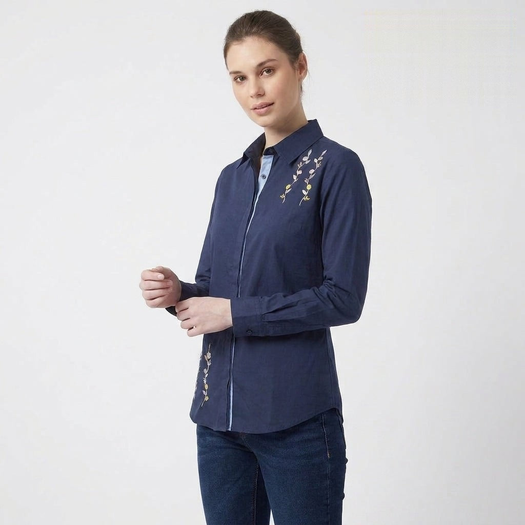 Navy Floral Embroidered Contrast Collar Shirt