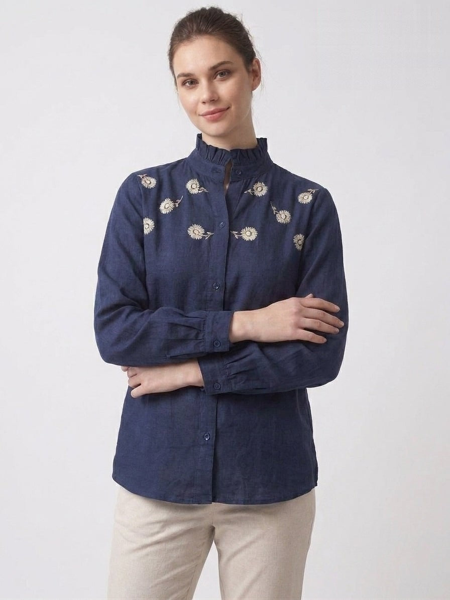 Navy Floral Embroidered Frill Collar Shirt