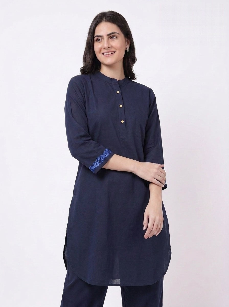 Navy Tone Embroidered Cuff Kurta Co-ord Set