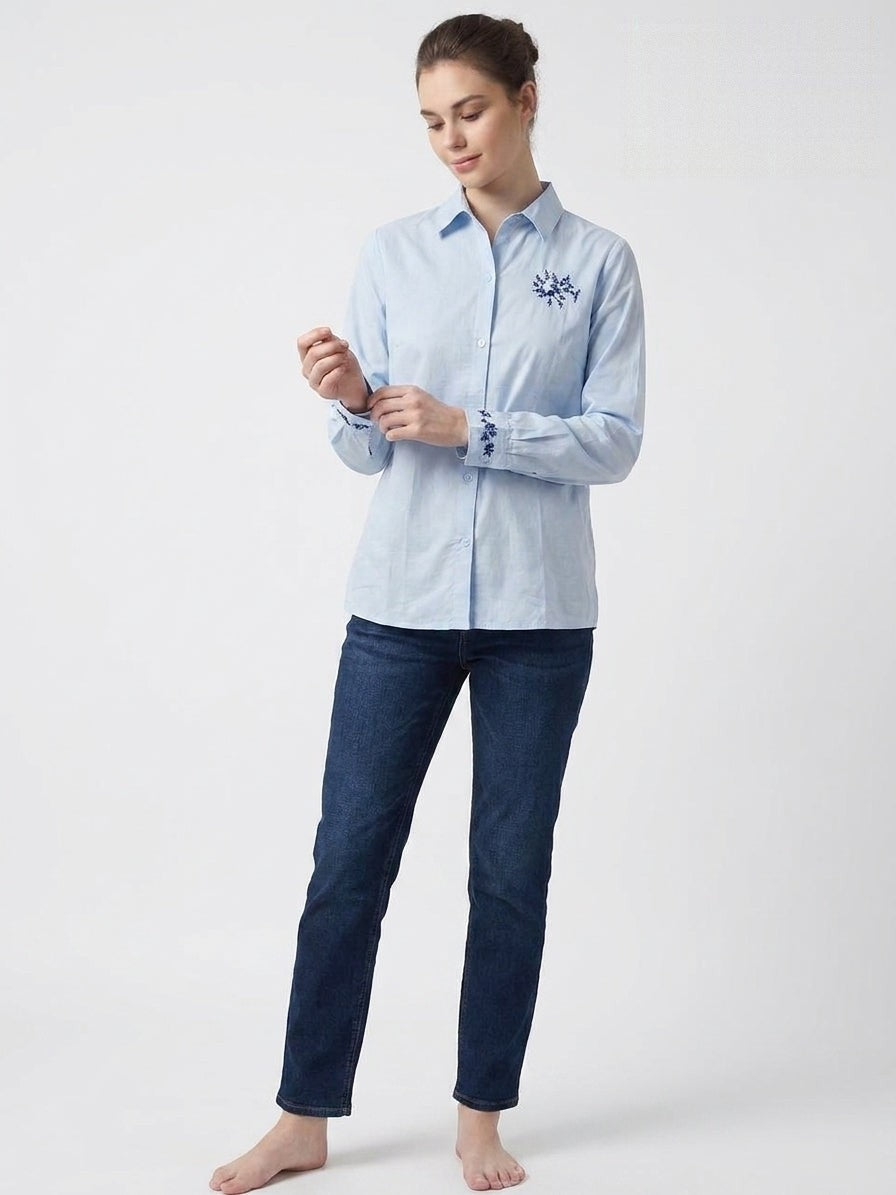 Powder Blue Navy Embroidered Chest & Cuff Shirt