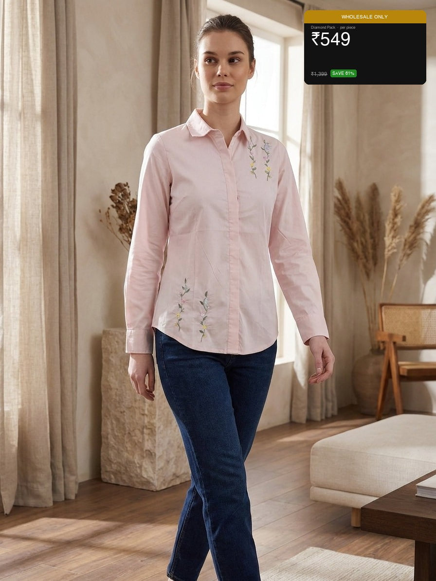 Rose Pink Floral Embroidered Front Shirt