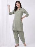 Sage Green Collar Neck Floral Embroidered Kurta Co-ord Set