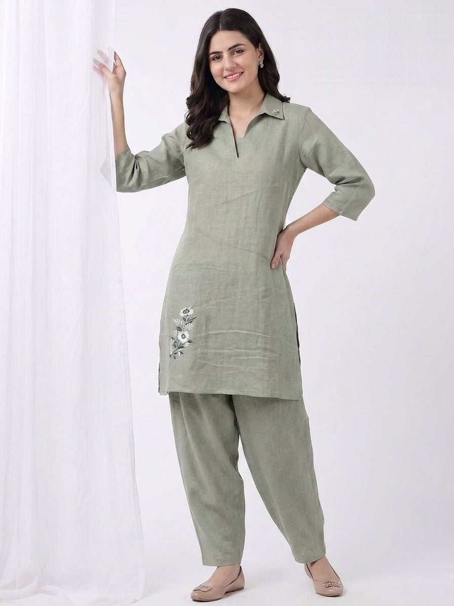 Sage Green Collar Neck Floral Embroidered Kurta Co-ord Set